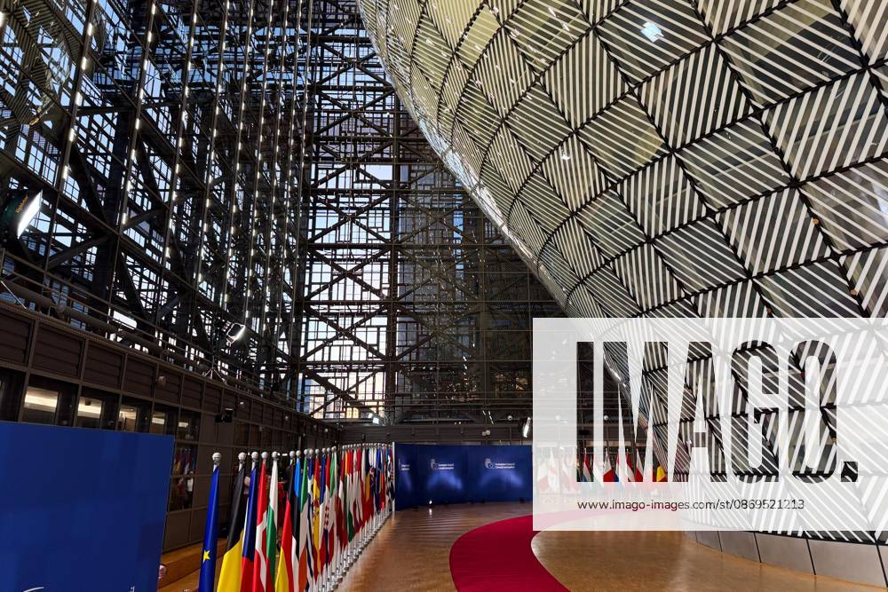 Brussels, Belgium, October 15, 2026: A view inside the Europa Building during the EU Summit and of the red carpet shortly before the event begins