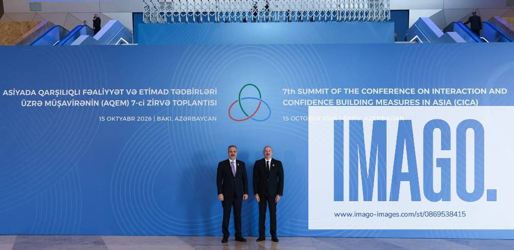 Turkish Foreign Minister Hakan Fidan BAKU, AZERBAIJAN - OCTOBER 15: (---- - MANDATORY CREDIT - ‘TURKISH MINISTRY OF FOREIGN AFFAIRS HANDOUT - NO MARKETING NO ADVERTISING CAMPAIGNS - DISTRIBUTED AS A SERVICE TO CLIENTS----) Turkish Foreign Minister Hakan Fidan is welcomed by Azerbaijani President Ilham Aliyev as he arrives to attend the 7th Summit of the Conference on Interaction and Confidence Building Measures in Asia (CICA), representing Turkish President Recep Tayyip Erdogan, in Azerbaijan on October 15, 2026. Turkish Foreign Ministry Handout Anadolu Baku Azerbaijan. Editorial use only. Please get in touch for any other usage.
