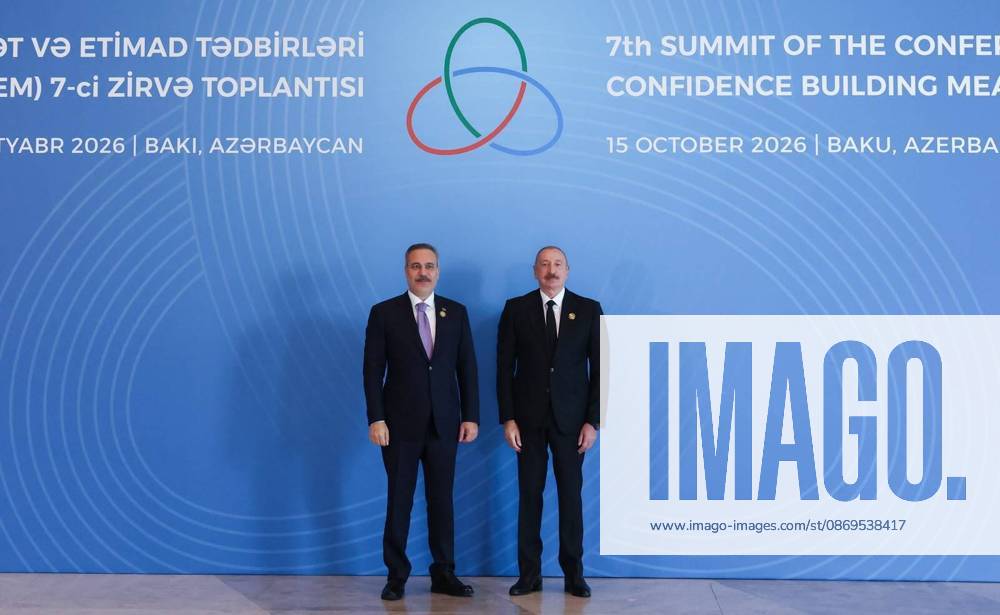 Turkish Foreign Minister Hakan Fidan BAKU, AZERBAIJAN - OCTOBER 15: (---- - MANDATORY CREDIT - ‘TURKISH MINISTRY OF FOREIGN AFFAIRS HANDOUT - NO MARKETING NO ADVERTISING CAMPAIGNS - DISTRIBUTED AS A SERVICE TO CLIENTS----) Turkish Foreign Minister Hakan Fidan is welcomed by Azerbaijani President Ilham Aliyev as he arrives to attend the 7th Summit of the Conference on Interaction and Confidence Building Measures in Asia (CICA), representing Turkish President Recep Tayyip Erdogan, in Azerbaijan on October 15, 2026. Turkish Foreign Ministry Handout Anadolu Baku Azerbaijan. Editorial use only. Please get in touch for any other usage.