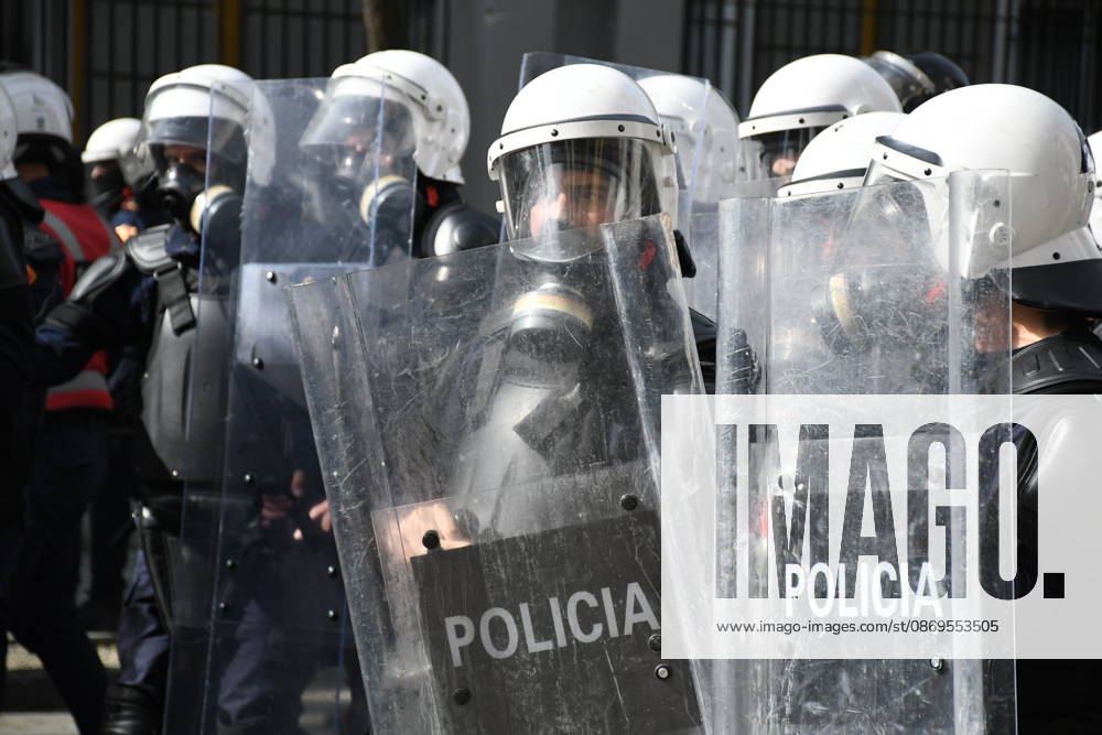 Student protests demanding improved educational conditions continue in Albania TIRANA, ALBANIA - OCTOBER 15: Riot police wearing protective gear and carrying shields stand during the third day of protests demanding improved educational conditions in Tirana, Albania, on October 15, 2026. University students are joined by high school students and local residents as police use tear gas to disperse demonstrators outside the Ministry of Education and the Parliament building, while protesters throw stones and other objects at police officers. Olsi Shehu Anadolu Tirana Albania. Editorial use only. Please get in touch for any other usage.