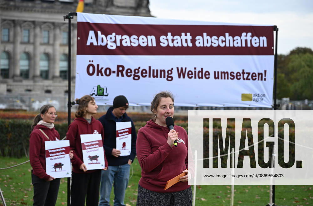 Rally calls for dairy cow pasture subsidy in Berlin BERLIN, GERMANY – OCTOBER 15: People protest in front of the German Bundestag for the introduction of a planned eco-scheme to support pasture-based dairy farming, in Berlin, Germany, 15 October 2026. The Bundestag is scheduled to debate a draft bill that would scrap the proposed subsidy. The protest is part of a week of action highlighting the importance of pasture-based livestock farming. Volodymyr Sindieiev Anadolu Berlin Germany. Editorial use only. Please get in touch for any other usage.