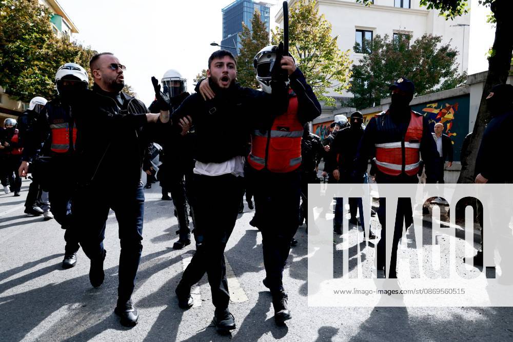 Tirana, AL: TIRANA, ALBANIA, OCTOBER 15, 2026: Students and other demonstrators take part in continuing anti-government protests in Tirana, demanding improved university conditions and the resignation of Prime Minister Edi Rama. Protesters clash with riot police as the unrest continues for a third consecutive day. Tirana AL - ZUMAq101 20261015_zna_q101_060