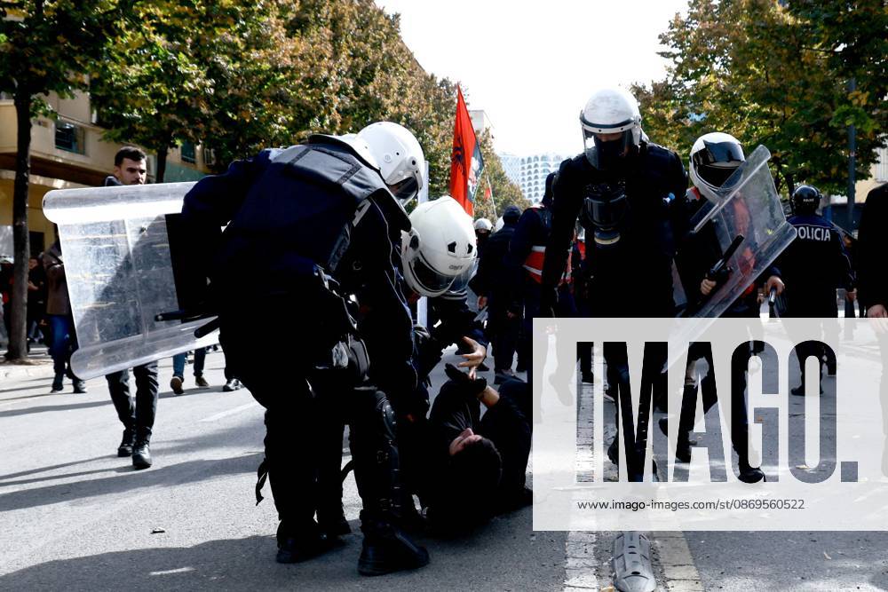 Tirana, AL: TIRANA, ALBANIA, OCTOBER 15, 2026: Students and other demonstrators take part in continuing anti-government protests in Tirana, demanding improved university conditions and the resignation of Prime Minister Edi Rama. Protesters clash with riot police as the unrest continues for a third consecutive day. Tirana AL - ZUMAq101 20261015_zna_q101_071