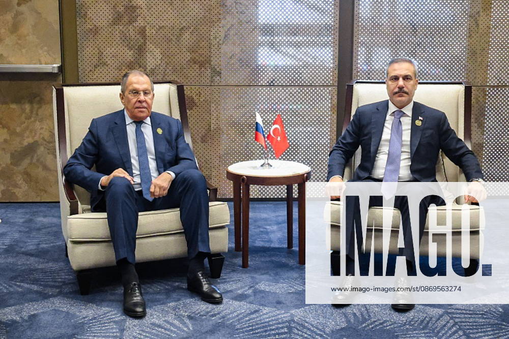 AZERBAIJAN, BAKU - OCTOBER 15, 2026: Sergei Lavrov (L), Russia s Minister of Foreign Affairs, and his counterpart Hakan Fidan of Turkey are pictured during a meeting held as part of the 7th Summit of the Conference on Interaction and Confidence-Building Measures in Asia (CICA). Best quality available Baku Azerbaijan - ZUMAt113 20261015_zaa_t113_347