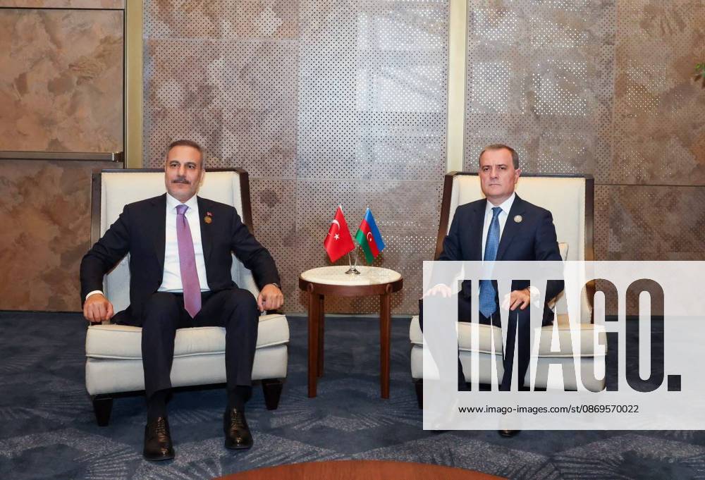 Turkish Foreign Minister Hakan Fidan in Azerbaijan BAKU, AZERBAIJAN - OCTOBER 15 : (---- MANDATORY CREDIT - TURKISH FOREIGN MINISTRY HANDOUT - NO MARKETING NO ADVERTISING CAMPAIGNS - DISTRIBUTED AS A SERVICE TO CLIENTS----) Turkish Foreign Minister Hakan Fidan meets with Azerbaijani Foreign Minister Jeyhun Bayramov on the sidelines of the 7th Summit of the Conference on Interaction and Confidence Building Measures in Asia (CICA) in Baku, Azerbaijan on October 15, 2026. Turkish National Defense Ministry Anadolu Baku Azerbaijan. Editorial use only. Please get in touch for any other usage.