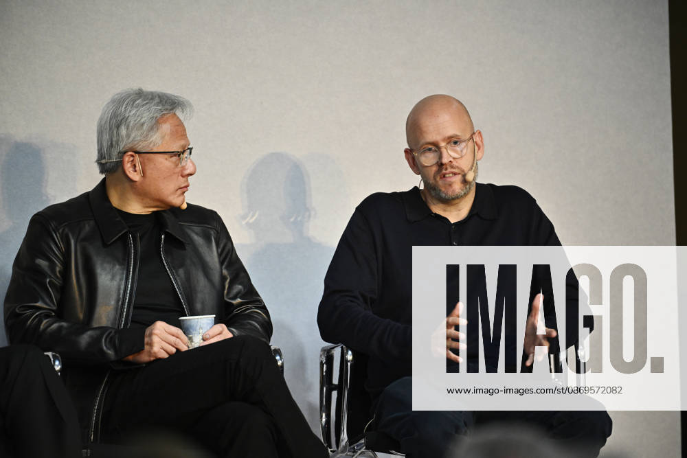 Jensen Huang, CEO of Nvidia, and Daniel Ek, founder of Spotify, during the Sferical One event at Eric Ericsonhallen in Stockholm, Sweden, on October 15, 2026 STOCKHOLM SWEDEN