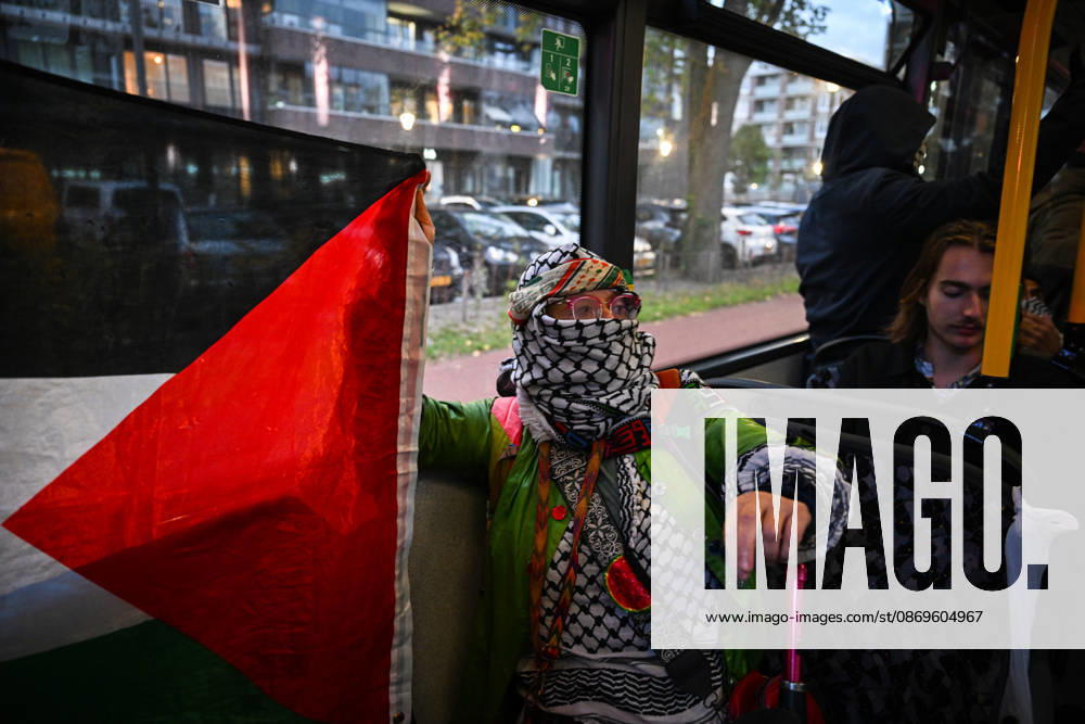 Pro-Palestinian protest in Netherlands ahead of AZ Alkmaar-Hapoe ALKMAAR, NETHERLANDS - OCTOBER 15: Pro-Palestinian demonstrator groups gather near AFAS Stadium to protest the UEFA Europa League football match between AZ Alkmaar and Hapoel Be er Sheva in Alkmaar, Netherlands on October 15, 2026. Security measures were heightened around the venue during the protest ahead of the match. Mouneb Taim Anadolu Alkmaar Netherlands. Editorial use only. Please get in touch for any other usage.