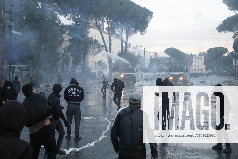 Protesters Clash with Police During a Demonstration in Tirana, Albania. Protesters clash with riot police during an anti-government demonstration in central Tirana on October 15, 2026, as protests continued for a third consecutive day over university conditions and demands for the resignation of Albanian Prime Minister Edi Rama. The latest rally follows two nights of violence in the capital, during which protesters and riot police clashed, police used water cannons and tear gas, and demonstrators damaged government offices and shops and set fire to several buildings. Light Studio Agency Malton Dibra Tirana Albania