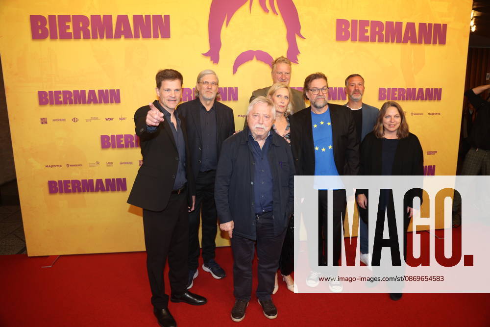 Benjamin Herrmann, Martin Hagemann, Wolf Biermann, Michael Souvignier, Pamela Biermann, Jens Meurer, and guests at the premiere of the documentary *Biermann* at Kino International in Berlin
