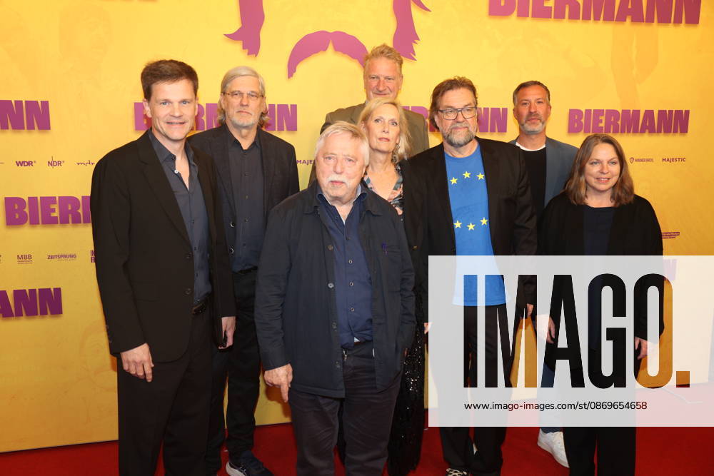 Benjamin Herrmann, Martin Hagemann, Wolf Biermann, Michael Souvignier, Pamela Biermann, Jens Meurer, and guests at the premiere of the documentary *Biermann* at Kino International in Berlin