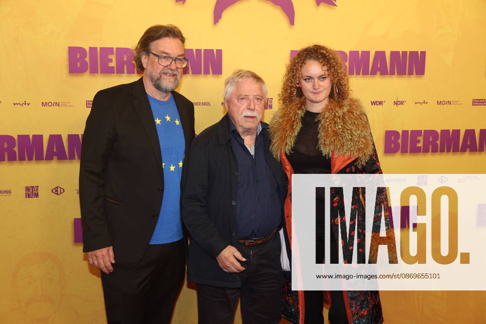 Jens Meurer, Wolf Biermann, and a guest at the premiere of the documentary *Biermann* at Kino International in Berlin
