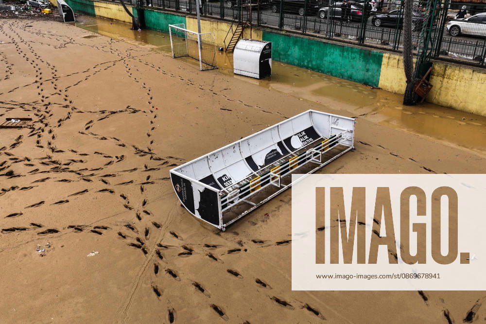 Aftermath of heavy rain in Istanbul ISTANBUL, TURKIYE - OCTOBER 16: An aerial view of mud-covered football fields and ongoing cleanup efforts at Ayazaga Sports Facilities in Istanbul, Turkiye, on October 16, 2026. Cleanup operations continue in areas affected by flooding and heavy rainfall that struck the city on October 14. Hakan Akgun Anadolu Istanbul Turkey. Editorial use only. Please get in touch for any other usage.