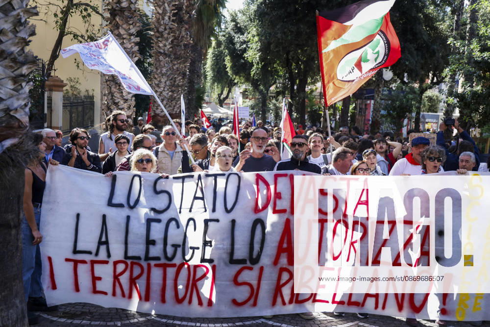Environmental Protest in Bagnoli, Naples NAPLES, ITALY OCTOBER 16, 2026: Environmental activists, students and unemployed people take to the streets in the Bagnoli district of Naples to protest against the municipal administrations handling of the environmental remediation of the former Italsider steelworks site. The demonstration focuses on the ongoing redevelopment works in the area, where facilities for the 38th Louis Vuitton Americas Cup, scheduled to take place in Naples in 2027, are being built. Protesters raise concerns about environmental protection, the remediation process and the impact of the project on the local community. ABP10063