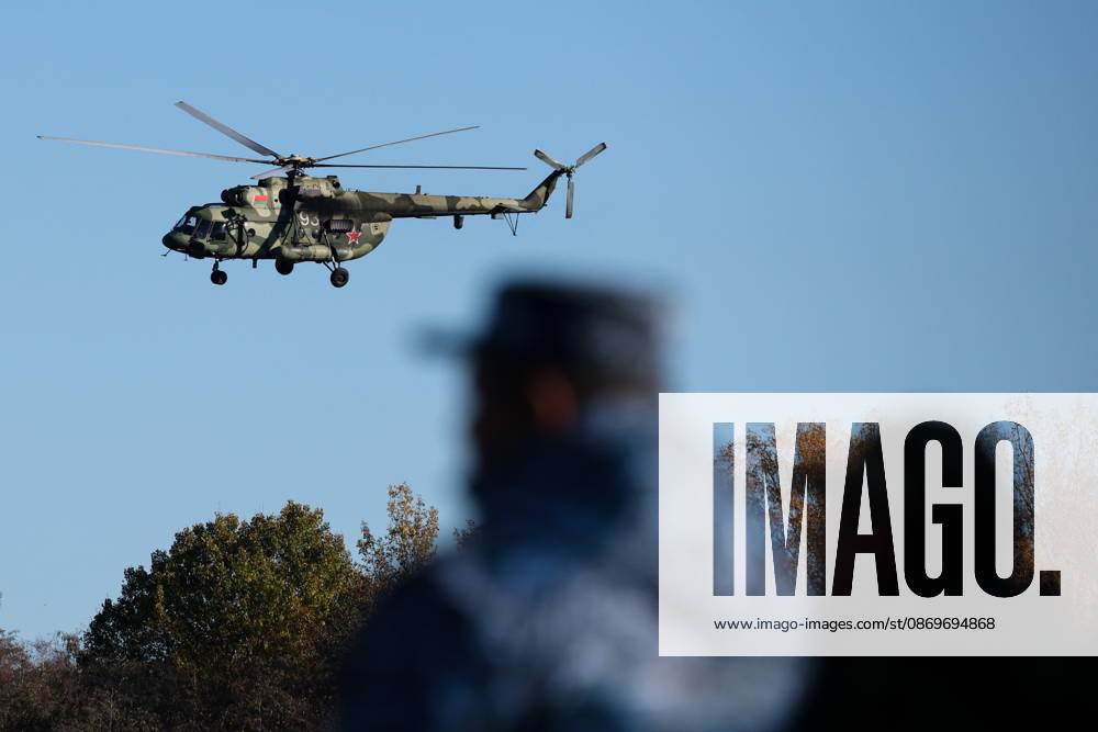 A helicopter appears in the final live training phase of the Indestructible Brotherhood 2026 command-and-staff military exercise by the CSTO Peacekeeping Forces at the Losvido military training ground. Maxim Malinovsky TASS 99408810