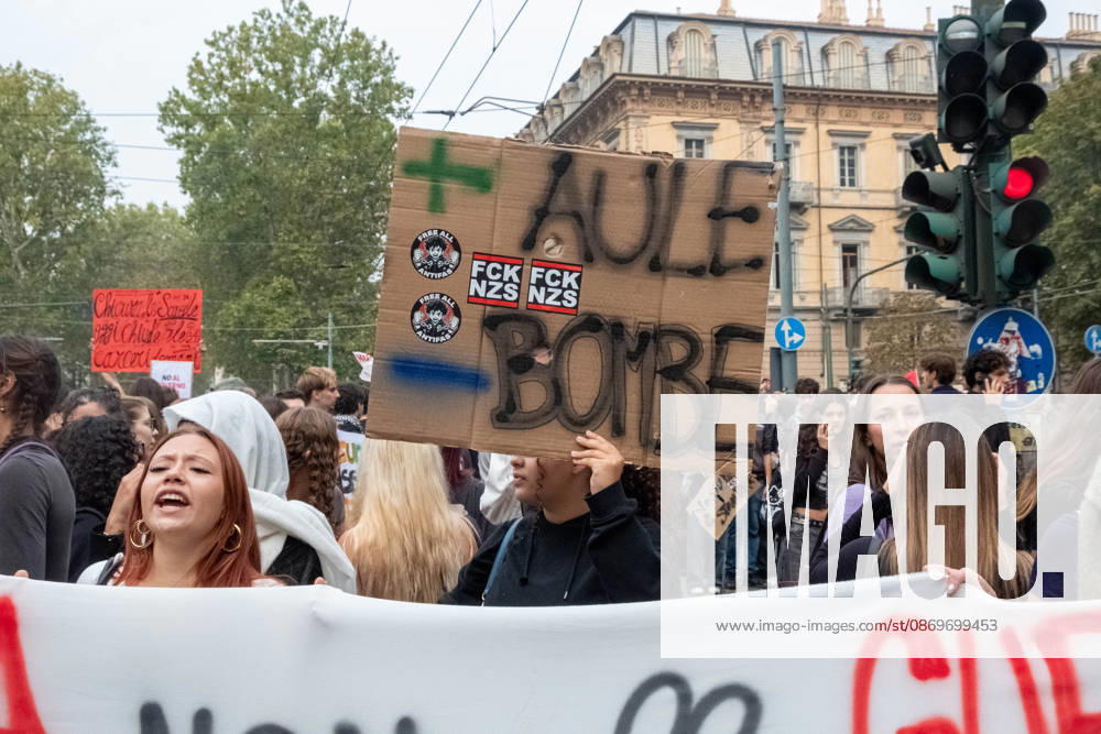 Reportage - Student strike in Turin A student holds up a sign that reads More classrooms, less police during Student strike in Turin, Reportage in Turin, Italy, October 16 2026 Turin City of Turin Italy