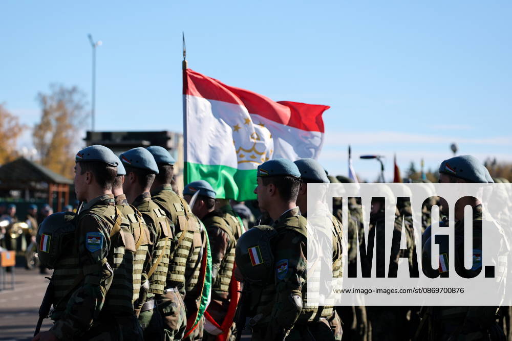Servicemen appear with a national flag of Tajikistan in the final live training phase of the Indestructible Brotherhood 2026 command-and-staff military exercise by the CSTO Peacekeeping Forces at the Losvido military training ground. Maxim Malinovsky TASS 99410864