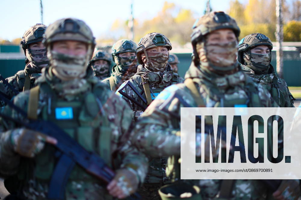 Servicemen with the Armed Forces of Kazakhstan appear in the final live training phase of the Indestructible Brotherhood 2026 command-and-staff military exercise by the CSTO Peacekeeping Forces at the Losvido military training ground. Maxim Malinovsky TASS 99410873