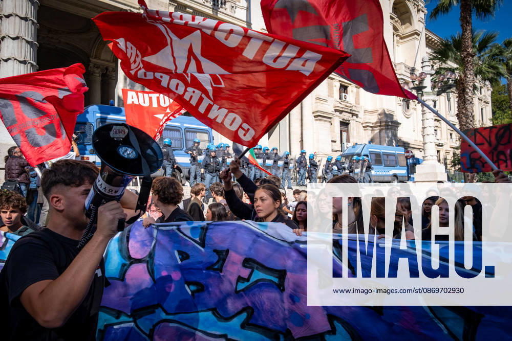 Thousands of students are taking to the streets to protest against the Meloni governmentÃ¢â‚¬â ¢s education policies. The studentsÃ¢â‚¬â ¢ demands include: No one is a foreigner; fund schools, not war; and no to the militarization of school. The march reaches the Ministry of Education. Rome Italy - ZUMAg256 20261016_znp_g256_003