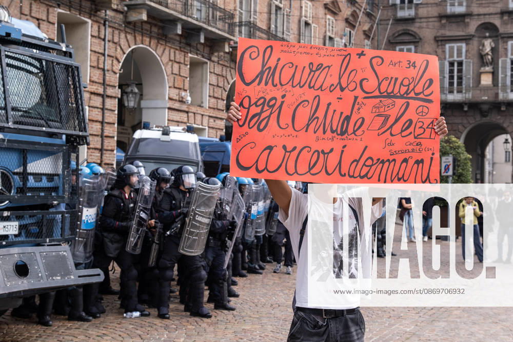 After days of occupations at many high schools across the city, following the French model, on Friday, October 16, in Turin, thousands of students took to the streets to protest the lack of resources in the school system and the inadequate condition of school buildings. The protesters marched through the city, stopping in front of Porta Susa, where teachers formed a human chain to separate them from the police. Lastly, in Piazza Castello, the police used water cannons and tear gas to disperse the demonstration, which had arrived outside the police headquarters. Turin Italy - ZUMAs377 20261016_znp_s377_034