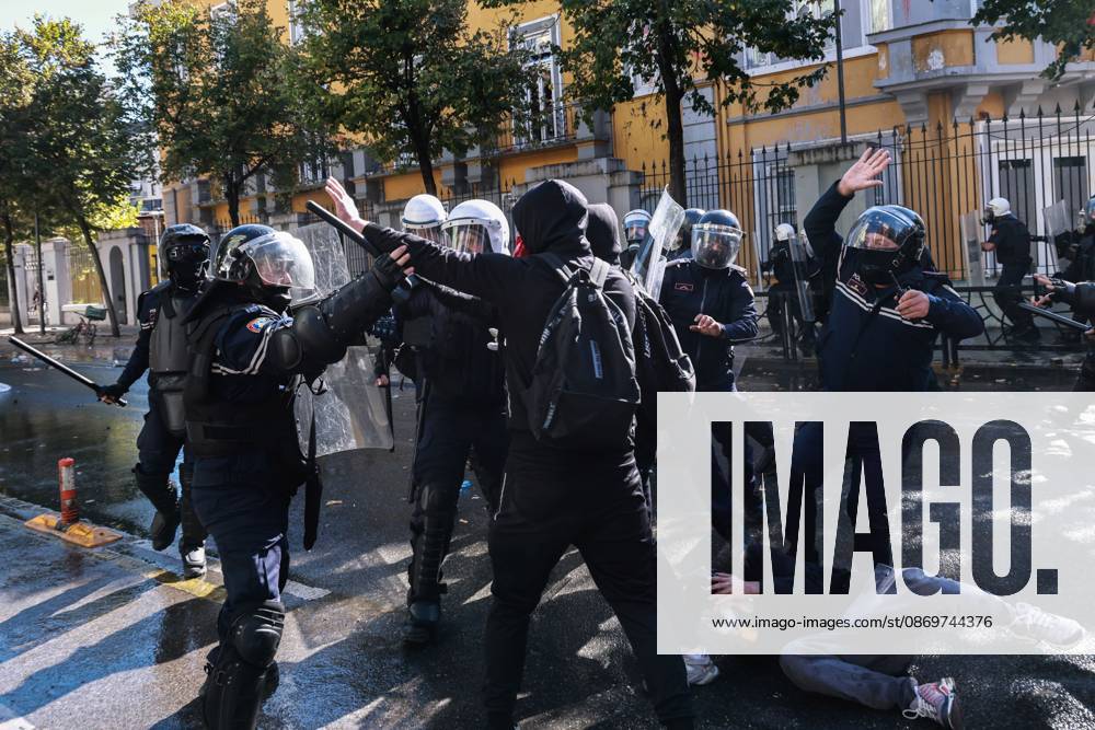 TIRANA, ALBANIA, OCTOBER 16, 2026: Student-led anti-government demonstrations continue for a fourth consecutive day in Tirana, demanding improved education conditions and the resignation of Prime Minister Edi Rama. Protesters clash with riot police as officers deploy tear gas to disperse crowds. The demonstrations follow several days of unrest that have damaged public buildings and businesses. Tirana Albania - ZUMAq101 20261016_zna_q101_462