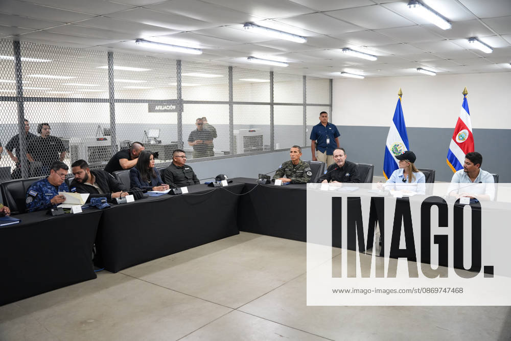Costa Rican President Laura Fernández takes part in a meeting at the Terrorism Confinement Center (CECOT) alongside Salvadoran Justice and Public Security Minister Gustavo Villatoro, in Tecoluca. Fernández is on a three-day official visit to El Salvador to see the maximum-security prison that President Nayib Bukele’s government built as part of its crackdown on gangs. Costa Rica recently opened its own high-security prison, the High Containment Center Against Organized Crime, which is modeled on CECOT. Tecoluca El Salvador - ZUMAs197 20261016_aaa_s197_469