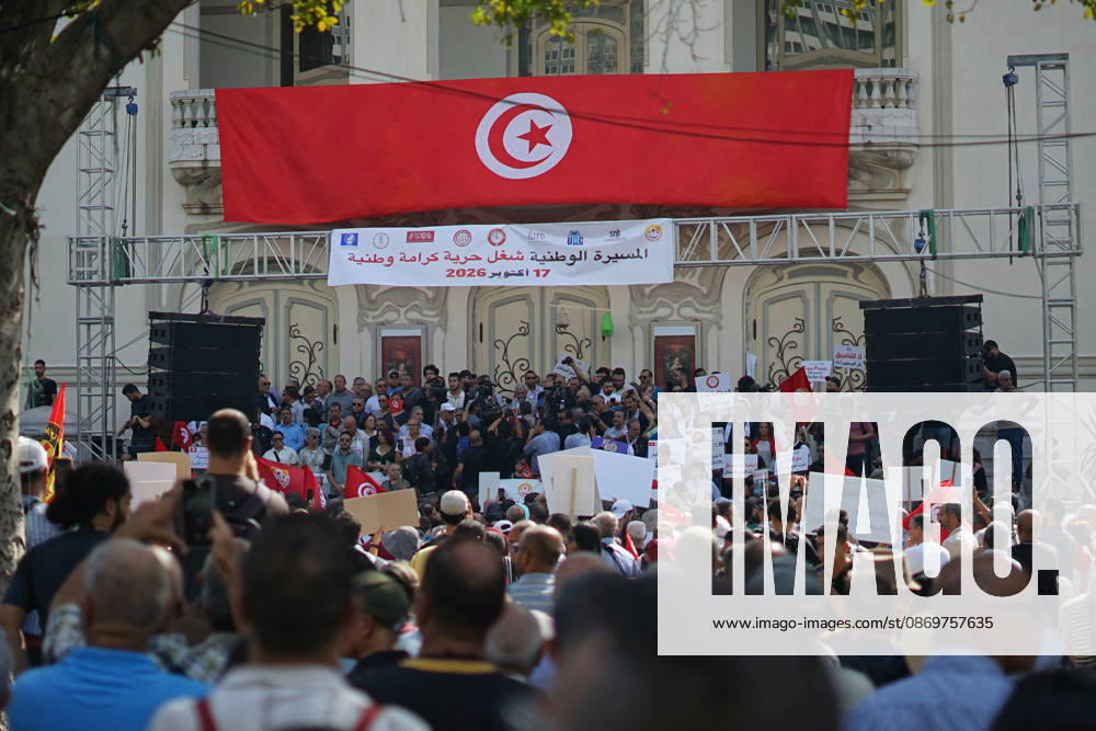 Demonstrators take to the streets of Tunis during a march calling for social and economic reforms and the protection of civil liberties, amid public concerns over rising living costs, workersâ€⠢ rights and freedom of expression on October 17, 2026. Organized by trade unions, journalistsâ€⠢ representatives, lawyers and civil society groups, the demonstration brings together protesters demanding accountability and defending fundamental rights. The march highlights ongoing concerns over Tunisiaâ€⠢s economic situation and the space for public dissent. Tunis Tunisia - ZUMAm342 20261017_zsp_m342_047