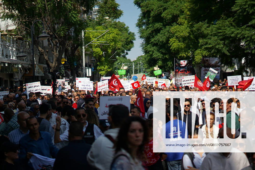 Demonstrators take to the streets of Tunis during a march calling for social and economic reforms and the protection of civil liberties, amid public concerns over rising living costs, workers rights and freedom of expression on October 17, 2026. Organized by trade unions, journalists representatives, lawyers and civil society groups, the demonstration brings together protesters demanding accountability and defending fundamental rights. The march highlights ongoing concerns over Tunisias economic situation and the space for public dissent. Tunis Tunisia - ZUMAm342 20261017_zsp_m342_026