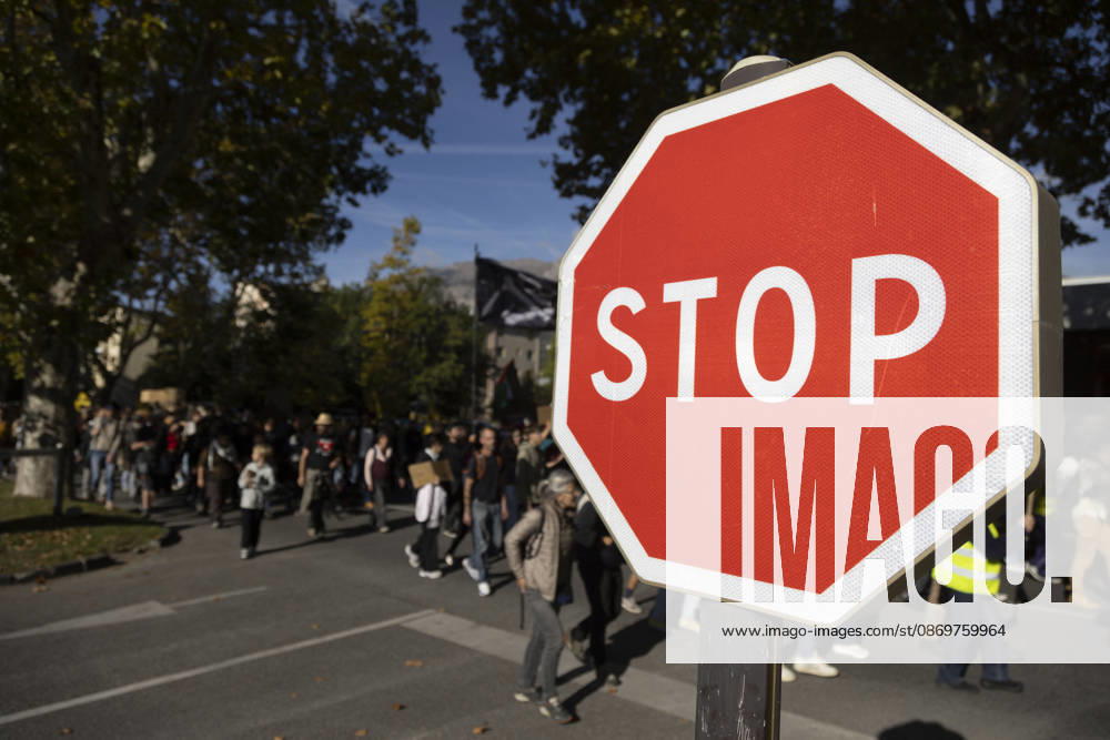 High Cost of Living Protest - Gap The demonstration moves along a street in Gap, France, on October 17, 2026, passing a stop sign as the Yellow Vests and Youth march proceeds. Photo by Thibaut Durand ABACAPRESS.COM Gap Provence-Alpes-Cote d Azur France