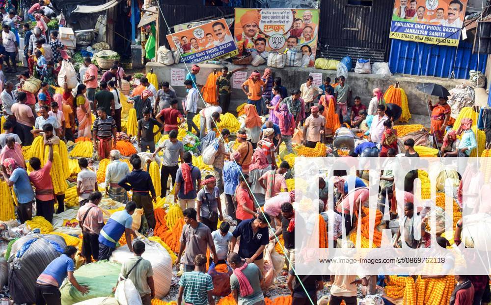 Devotees buy flowers on the occasion of Maha Saptami puja Kolkata, Oct 17 (ANI): Devotees buy flowers on the occasion of Maha Saptami puja at mullick ghat flower market, in Kolkata on Saturday. Kolkata West Bengal India