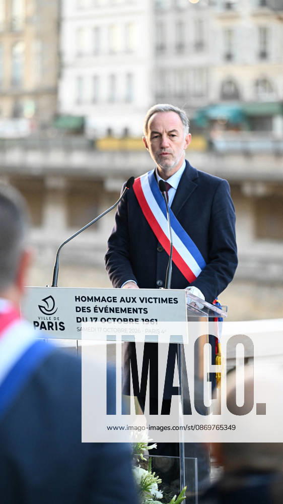 Commemoration ceremony of 17th October 1961 - Paris Emmanuel Grégoire, Mayor of Paris during a commemoration ceremony of October 17, 1961, the day when the French police violently repressed a demonstration of Algerians in France for the independence of Algeria, with bodies thrown into the Seine. Paris October 17, 2026 Photo Ait Adjedjou Karim ABACAPRESS.COM Paris France