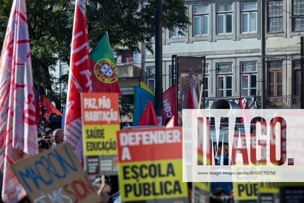 Protesters hold placards during the National CGTP demonstration. Thousands of people joined the National General Confederation of the Portuguese Workers – National Inter-Union (Confederação Geral dos Trabalhadores Portugueses – Intersindical Nacional) (CGTP) demonstration in Porto, marching from Praça da Batalha to Praça de D. João I, where they converged with participants of a housing rights protest. Porto Portugal - ZUMAs197 20261017_aaa_s197_272