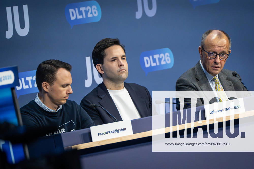Pascal Reddig, Deputy National Chair of the JU; Johannes Winkel, National Chair of the JU; Friedrich Merz, Chancellor—from left to right—on stage after the Chancellor’s speech at Stage 78 of Germany Day 2026 in Bonn. Junge Union (JU), the youth organization of the CDU and CSU, Bonn, North Rhine-Westphalia, Germany World Conference Center Bonn