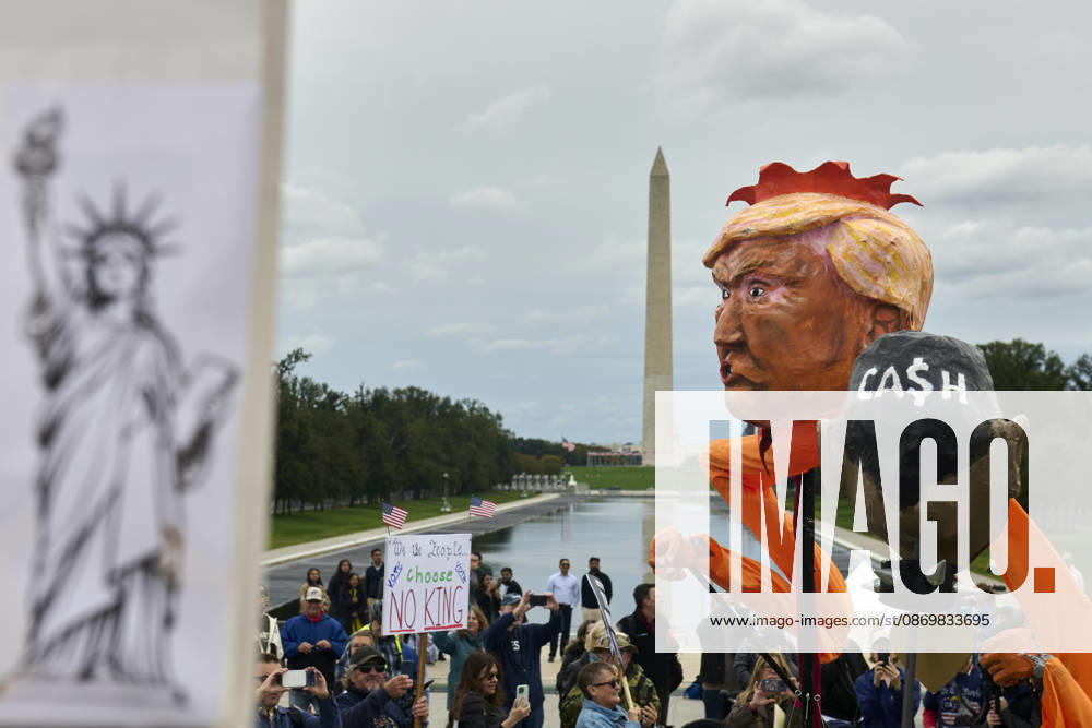 No Kings protesters carry effigies of US President Donald Trump and members of his administration to a rally at the steps of the Lincoln Memorial in Washington DC, Oct. 17, 2026. The march, intended to encourage people to vote in the 2026 US midterm elections, was part of a 50-state get out the vote operation by the left-leaning Indivisible group. Protesters denounced the Trump administration and the Republican-led Congress for violating Constitutional and civil rights, federal and state laws, judicial orders and longstanding norms, casting Trump and the GOP as a threat to democracy. Washington Dc USA - ZUMAg216 20261017_znp_g216_012