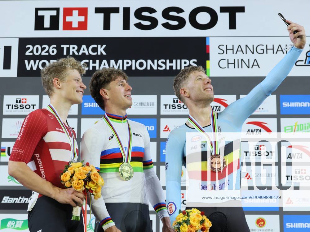 Danish Tobias Hansen, German Tim Torn Teutenberg and Belgian Jules Hesters celebrate on the podium of the UCI Track Cycling World Championships in Shanghai, China on Sunday 18 October 2026. The worlds are taking place from 14 to 18 October 2026. BENOITxDOPPAGNE 190177138