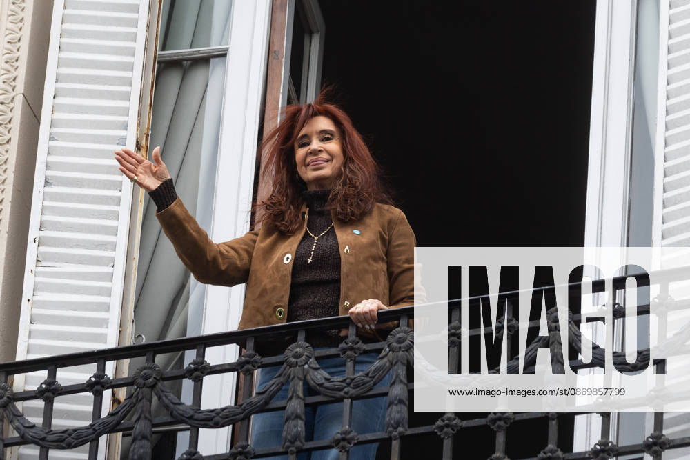 Former President Cristina FernoÂ¡ndez de Kirchner greets her supporters from the balcony of her home, where she is serving house arrest. Buenos Aires Argentina - ZUMAp265 20261018_zip_p265_003