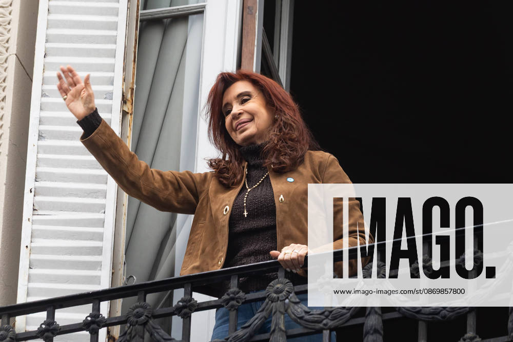 Former President Cristina FernoÂ¡ndez de Kirchner greets her supporters from the balcony of her home, where she is serving house arrest. Buenos Aires Argentina - ZUMAp265 20261018_zip_p265_004