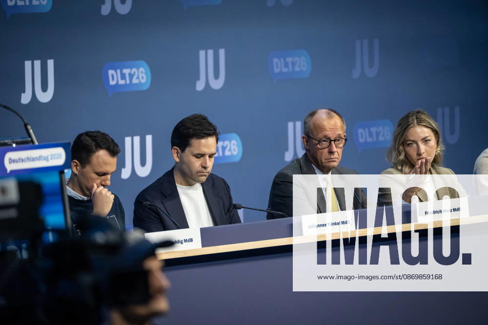 Pascal Reddig, Deputy Federal Chair of the JU, Johannes Winkel, Federal Chair of the JU; Friedrich Merz, Federal Chancellor; Ann Cathrin Simon, Deputy Federal Chair of the JU—from left to right on stage following the Federal Chancellor’s speech at the 78th Germany Day 2026 in Bonn. The Junge Union (JU) is the youth organization of the CDU and CSU, Bonn, North Rhine-Westphalia