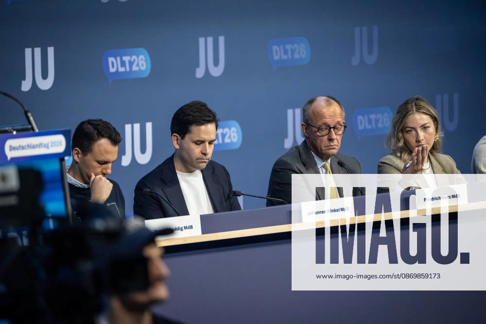 Pascal Reddig, Deputy Federal Chair of the JU, Johannes Winkel, Federal Chair of the JU; Friedrich Merz, Federal Chancellor; Ann Cathrin Simon, Deputy Federal Chair of the JU—from left to right on stage following the Federal Chancellor’s speech at the 78th Germany Day 2026 in Bonn. The Junge Union (JU) is the youth organization of the CDU and CSU, Bonn, North Rhine-Westphalia