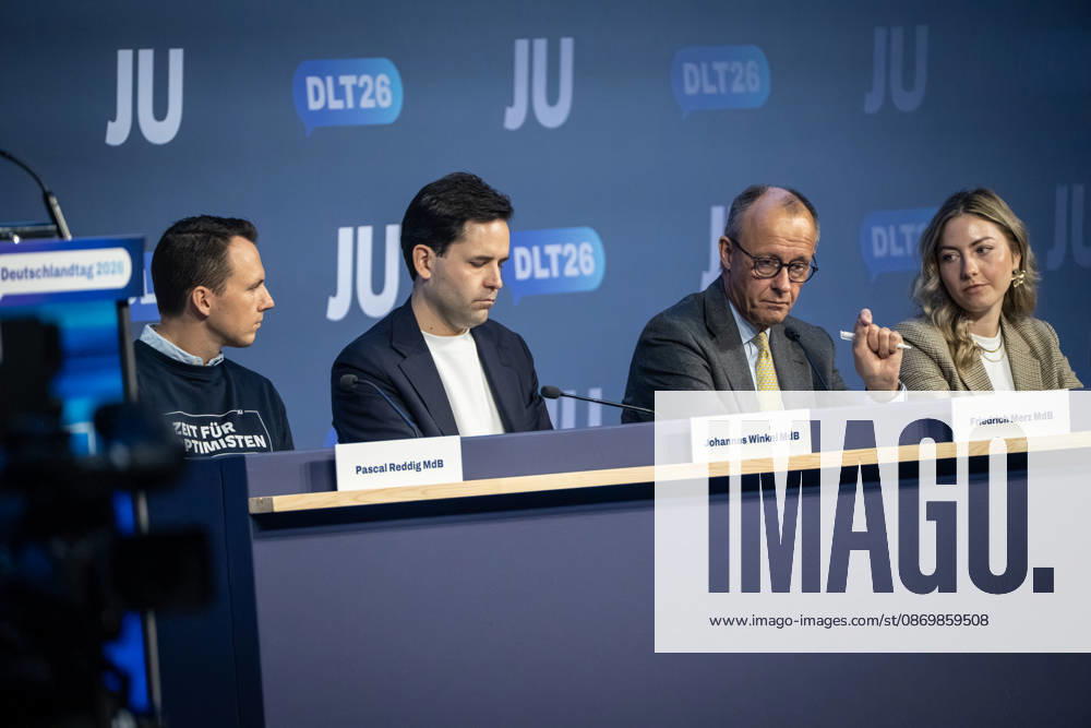 Pascal Reddig, Deputy Federal Chair of the JU, Johannes Winkel, Federal Chair of the JU; Friedrich Merz, Federal Chancellor; Ann Cathrin Simon, Deputy Federal Chair of the JU—from left to right on stage following the Federal Chancellor’s speech at the 78th Germany Day 2026 in Bonn. The Junge Union (JU) is the youth organization of the CDU and CSU, Bonn, North Rhine-Westphalia
