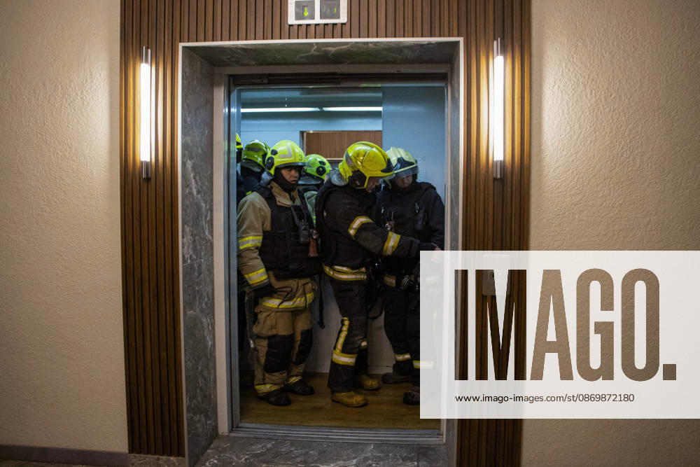 Odesa Ukraine Residential Fire Firefighters gather inside an elevator during a rescue operation in Odesa, Ukraine on October 18, 2026. Emergency services responded after a fire broke out at the building, prompting a rescue operation and deployment of firefighters to the scene. Odesa Odesa Ukraine