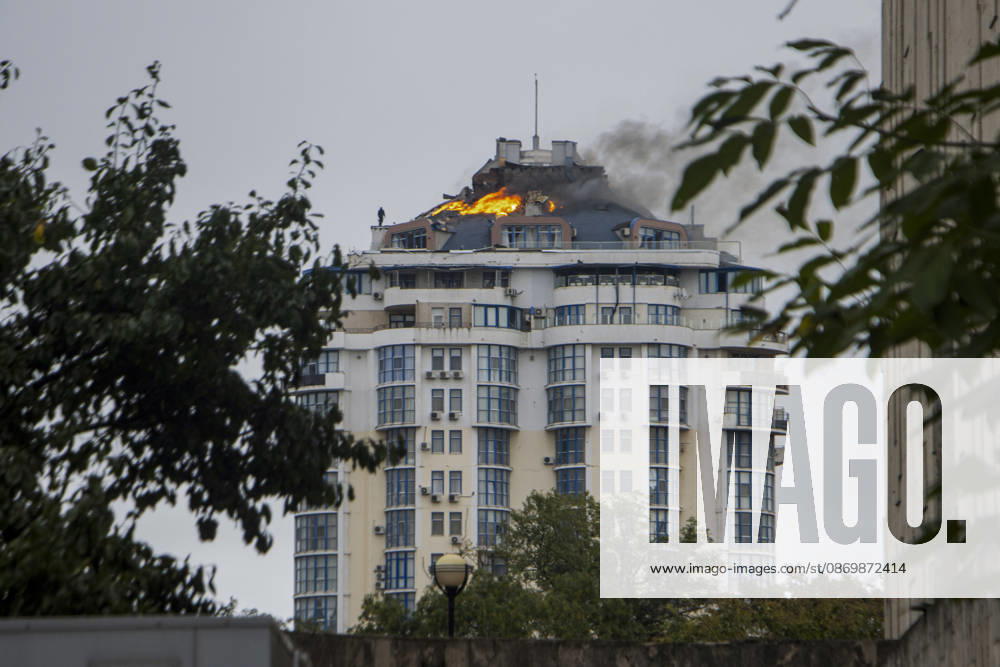 Odesa Ukraine Residential Fire A fire burns on the roof of a residential building in Odesa, Ukraine on October 18, 2026. Emergency services responded after a fire broke out at the building, prompting a rescue operation and deployment of firefighters to the scene. Odesa Odesa Ukraine