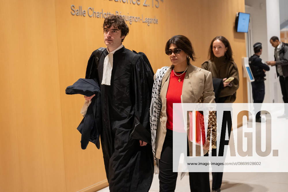 Rima Hassan Trial - Paris AJ www.alexisjumeau.comMEP Rima Hassan, wearing a keffiyeh draped over her shoulders (a symbol of the Palestinian people’s struggle), accompanied by her lawyer, Maitre Vincent Brengarth, walks towards the courtroom, Trial of Rima Hassan, MEP for the La France Insoumise (LFI) movement (a left-wing opposition political party), on charges of glorifying terrorism following a tweet featuring a photograph of Kozo Okamoto repeating a message about the need for armed struggle for the Palestinian cause and Palestine’s war with Israel, in the courtroom of the Paris Criminal Court, France on October 19, 2026. Photo by Alexis Jumeau ABACAPRESS.COM Paris France