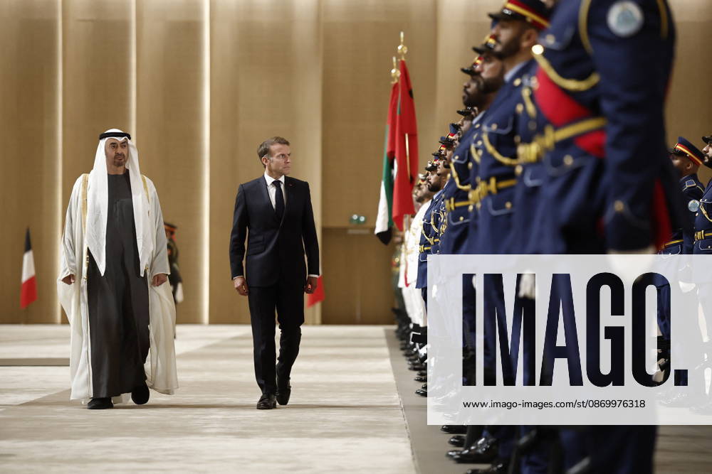 President Macron Visit To Middle East - Abu Dhabi Sheikh Mohamed bin Zayed Al Nahyan, President of the United Arab Emirates (UAE), and French President Emmanuel Macron review troops upon Macron s arrival at Zayed International Airport in Abu Dhabi, United Arab Emirates, October 19, 2026. Photo by Benoit Tessier Pool ABACAPRESS.COM Abu Dhabi United Arab Emirates