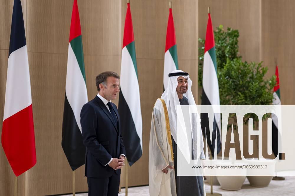 Macron visits UAE on second stop of four-nation Gulf tour ABU DHABI, UAE - OCTOBER 19: (---- - MANDATORY CREDIT - UAE PRESIDENTIAL PALACE HANDOUT - NO MARKETING NO ADVERTISING CAMPAIGNS - DISTRIBUTED AS A SERVICE TO CLIENTS----) UAE President Sheikh Mohamed bin Zayed Al Nahyan (R) welcomes French President Emmanuel Macron (L), who arrived in the United Arab Emirates, marking the second leg of his four-nation Gulf tour, at Qasr Al Watan in the capital Abu Dhabi on October 19, 2026. UAE Presidential Palace Anadolu Abu Dhabi United Arab Emirates. Editorial use only. Please get in touch for any other usage.