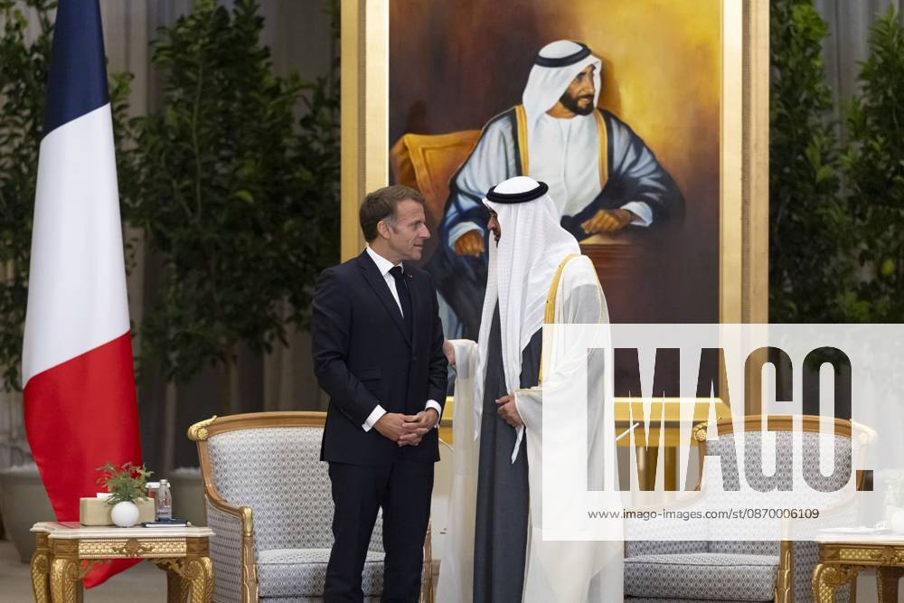 French President Emmanuel Macron in UAE ABU DHABI, UNITED ARAB EMIRATES - OCTOBER 19: (---- – MANDATORY CREDIT - UAE PRESIDENTIAL PALACE HANDOUT - NO MARKETING NO ADVERTISING CAMPAIGNS - DISTRIBUTED AS A SERVICE TO CLIENTS----) French President Emmanuel Macron meets with UAE President Sheikh Mohamed bin Zayed Al Nahyan at Qasr Al Watan Palace in Abu Dhabi, United Arab Emirates, on October 19, 2026. Macron arrived in Abu Dhabi for the second leg of his four-nation Gulf tour to discuss bilateral cooperation and regional issues. UAE Presidential Palace Handout Anadolu Abu Dhabi United Arab Emirates. Editorial use only. Please get in touch for any other usage.