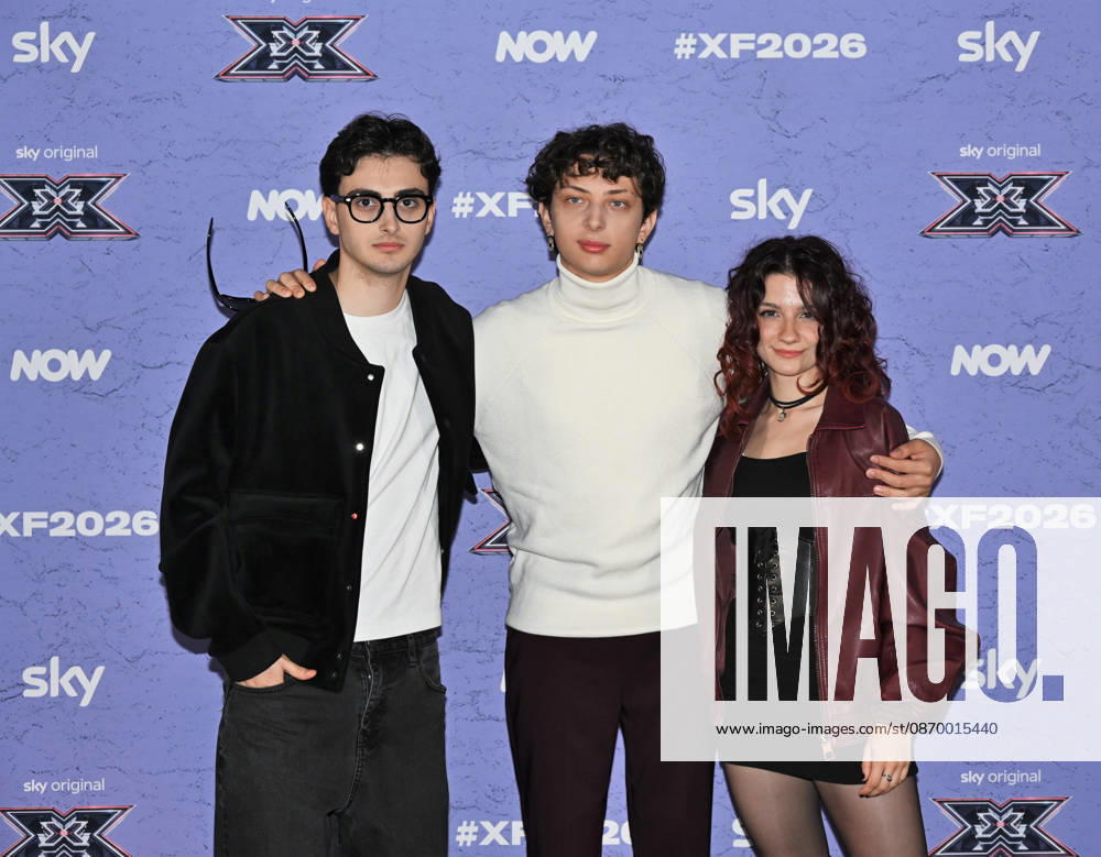 IPA89927950 - Milan, Italy: X Factor 2026 photocall featuring the 12 official contestants IRAMA S TEAM In the photo: Le Distanze (Andrea Manuel Pagella, Saverio Campese, Corinna Lanari)