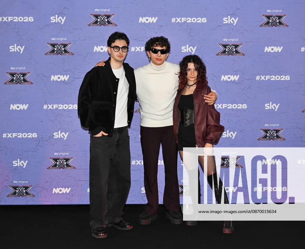IPA89927939 - Milan, Italy: X Factor 2026 photocall featuring the 12 official contestants IRAMA S TEAM In the photo: Le Distanze (Andrea Manuel Pagella, Saverio Campese, Corinna Lanari)