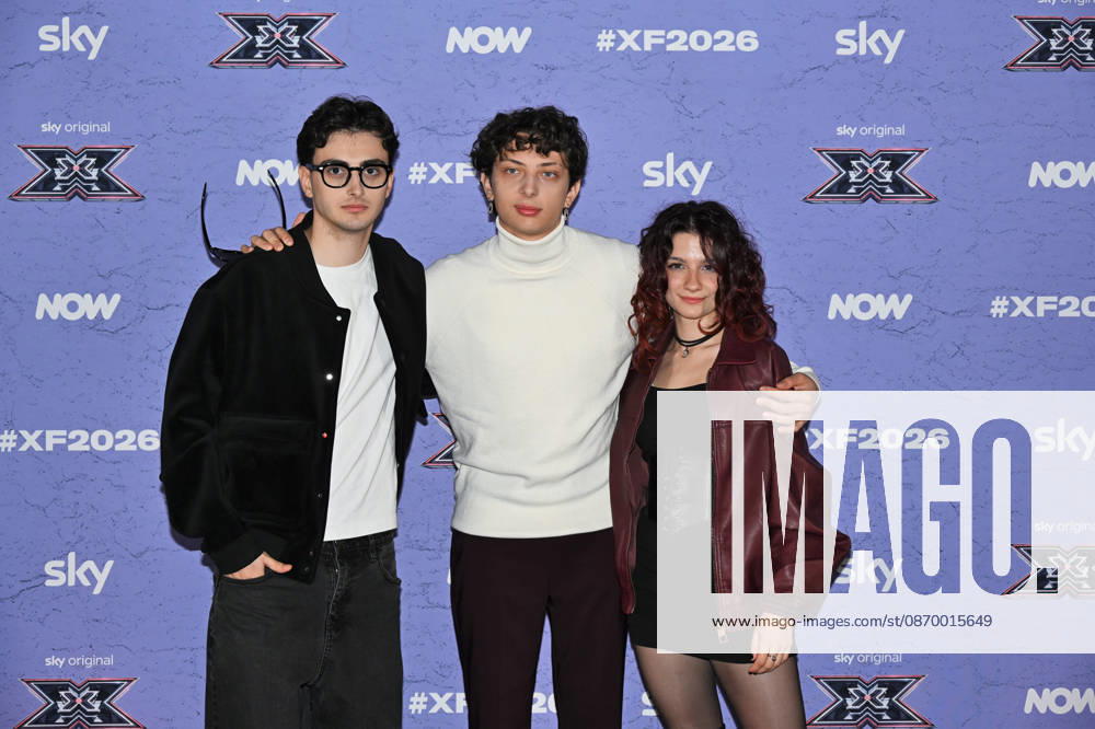IPA89927946 - Milan, Italy: X Factor 2026 photocall featuring the 12 official contestants IRAMA S TEAM In the photo: Le Distanze (Andrea Manuel Pagella, Saverio Campese, Corinna Lanari)