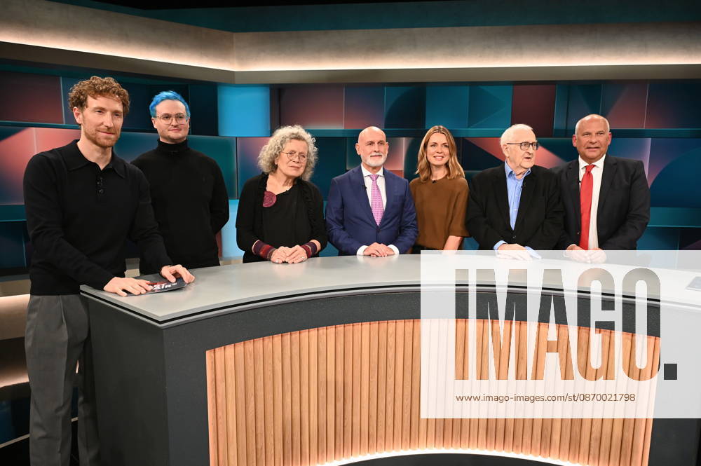 Host Louis Klamroth (left to right), teacher Nicolas Schmelzer (Mr. Schmelzer), retiree Elisabeth van der Wal, union representative Volker Geyer, host Jessy Wellmer, politician Rainer Brüderle, and politician Roman Poseck appeared as guests on the ARD talk show *Hart aber Fair*, which focused on the topic of teachers, police officers, and civil servants—Why do we still need civil servants?
