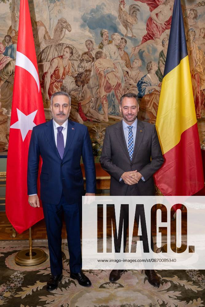 Turkey s Foreign Minister Hakan Fidan and Vice-prime minister and Minister of Foreign Affairs Maxime Prevot pose for the photographer at a meeting of several Federal Minister s with a Turkish delegation, Tuesday 20 October 2026, in Brussels. JONASxROOSENS 190376490